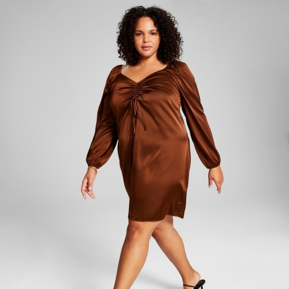 And Now This Ruched Long Sleeve Peasant Satin Dress Chocolate Brown Size 1X NWT